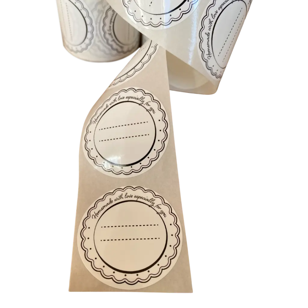 [1RR1-25-P] Round Jar Labels 25pc/roll -Removable Without Traces -Design#1 (1 кръгла ролка (25 етикета), с химикал)